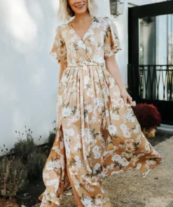 BB Custom Sicily Satin Maxi Dress | Taupe Floral Dresses 21 BB Custom Sicily Satin Maxi Dress | Taupe Floral Dresses