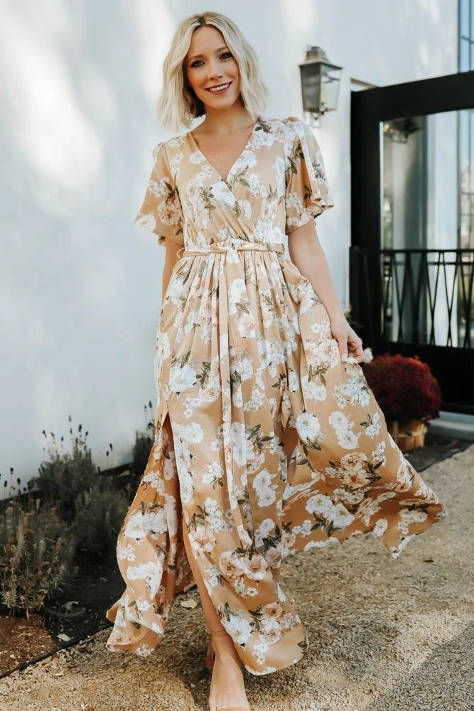 BB Custom Sicily Satin Maxi Dress | Taupe Floral Dresses 10 BB Custom Sicily Satin Maxi Dress | Taupe Floral Dresses