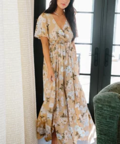 BB Custom Sicily Satin Maxi Dress | Taupe Floral Dresses
