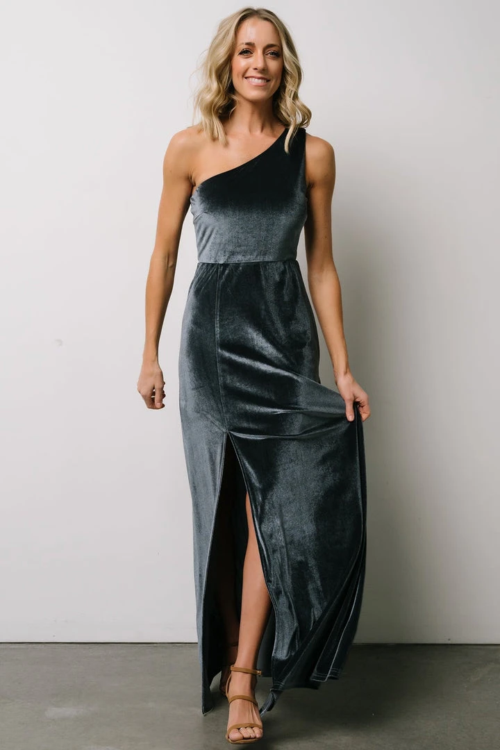 BB Custom Maxi Dresses Tatiana Velvet One Shoulder Maxi Dress | Slate Blue 2 BB Custom Maxi Dresses Tatiana Velvet One Shoulder Maxi Dress | Slate Blue