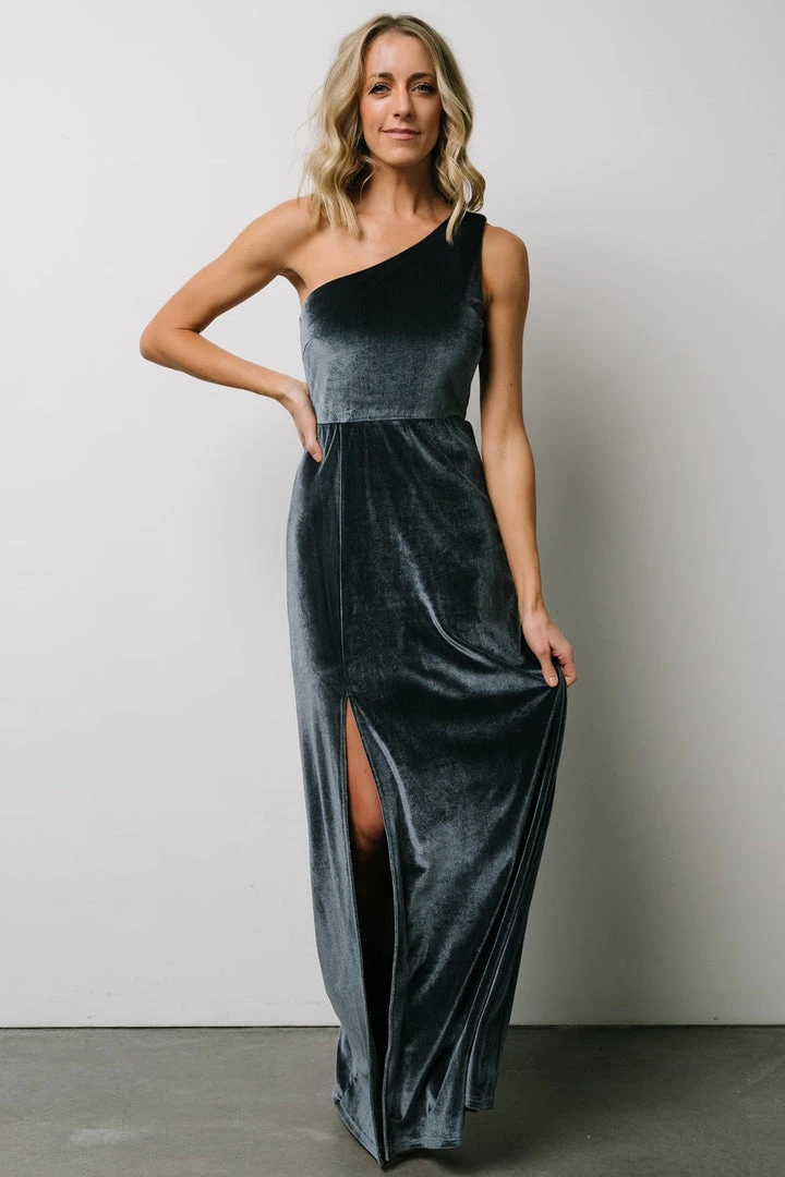 BB Custom Maxi Dresses Tatiana Velvet One Shoulder Maxi Dress | Slate Blue 7 BB Custom Maxi Dresses Tatiana Velvet One Shoulder Maxi Dress | Slate Blue