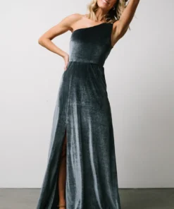 BB Custom Maxi Dresses Tatiana Velvet One Shoulder Maxi Dress | Slate Blue