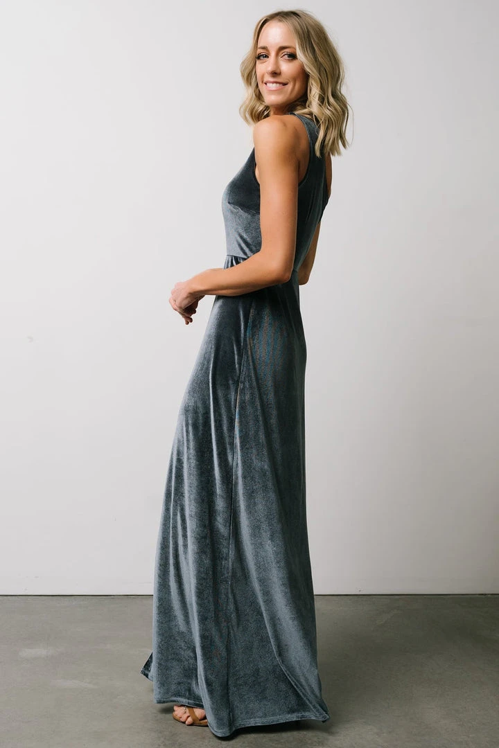 BB Custom Maxi Dresses Tatiana Velvet One Shoulder Maxi Dress | Slate Blue 6 BB Custom Maxi Dresses Tatiana Velvet One Shoulder Maxi Dress | Slate Blue