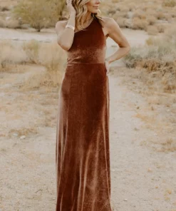 BB Custom Dresses Tatiana Velvet One Shoulder Maxi Dress | Bronze