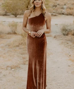 BB Custom Dresses Tatiana Velvet One Shoulder Maxi Dress | Bronze
