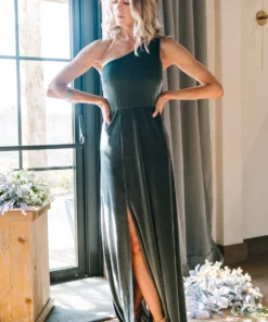 BB Custom Dresses Tatiana Velvet One Shoulder Maxi Dress | Eucalyptus