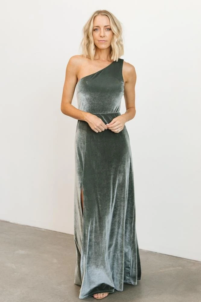 BB Custom Dresses Tatiana Velvet One Shoulder Maxi Dress | Eucalyptus 5 BB Custom Dresses Tatiana Velvet One Shoulder Maxi Dress | Eucalyptus