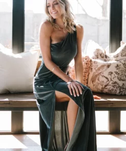 BB Custom Dresses Tatiana Velvet One Shoulder Maxi Dress | Eucalyptus