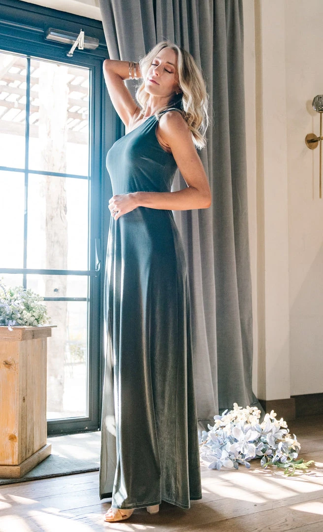BB Custom Dresses Tatiana Velvet One Shoulder Maxi Dress | Eucalyptus 3 BB Custom Dresses Tatiana Velvet One Shoulder Maxi Dress | Eucalyptus