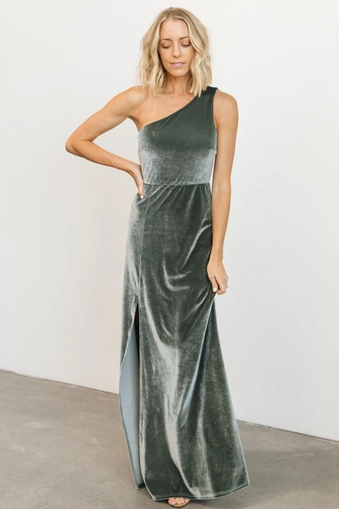 BB Custom Dresses Tatiana Velvet One Shoulder Maxi Dress | Eucalyptus 10 BB Custom Dresses Tatiana Velvet One Shoulder Maxi Dress | Eucalyptus
