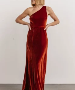 BB Custom Dresses Tatiana Velvet One Shoulder Maxi Dress | Rust