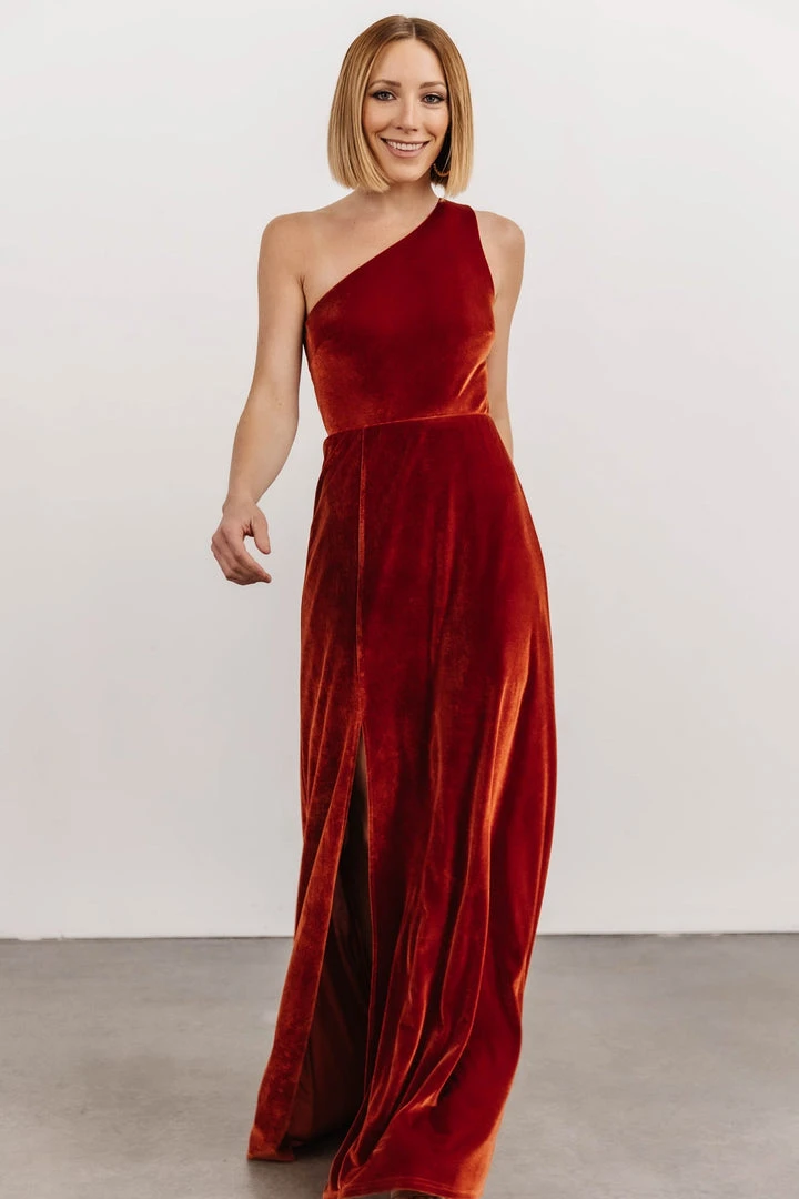 BB Custom Dresses Tatiana Velvet One Shoulder Maxi Dress | Rust 8 BB Custom Dresses Tatiana Velvet One Shoulder Maxi Dress | Rust