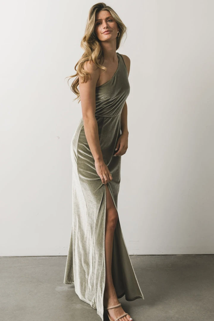 BB Custom Tatiana Velvet One Shoulder Maxi Dress | Sage Dresses 10 BB Custom Tatiana Velvet One Shoulder Maxi Dress | Sage Dresses