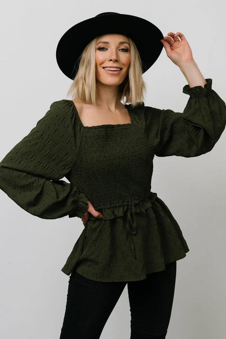 HAY Tops Trey Smocked Top | Olive 1 HAY Tops Trey Smocked Top | Olive