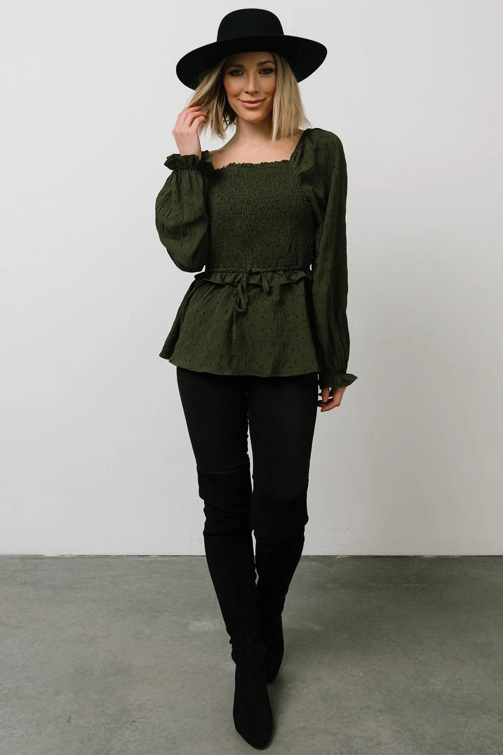 HAY Tops Trey Smocked Top | Olive 2 HAY Tops Trey Smocked Top | Olive