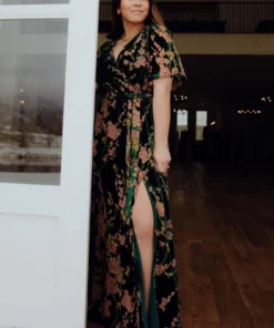 BB Custom Uma Velvet Maxi Dress | Green Floral