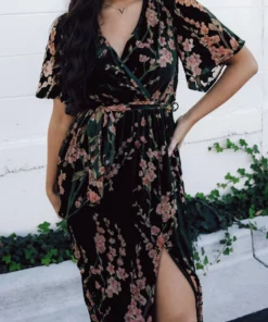 BB Custom Uma Velvet Maxi Dress | Green Floral