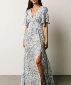 BB Custom Verona Smocked Maxi Dress | White + Blue Print Dresses
