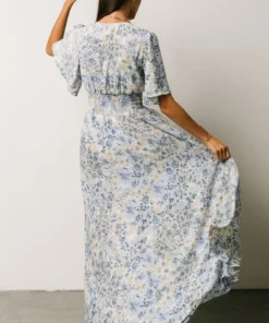 BB Custom Verona Smocked Maxi Dress | White + Blue Print Dresses