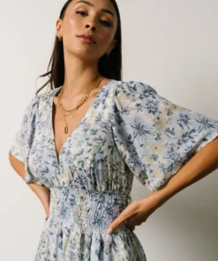 BB Custom Verona Smocked Maxi Dress | White + Blue Print Dresses