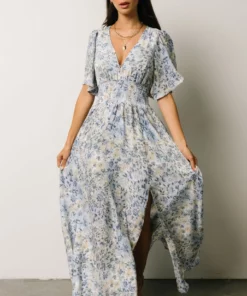 BB Custom Verona Smocked Maxi Dress | White + Blue Print Dresses