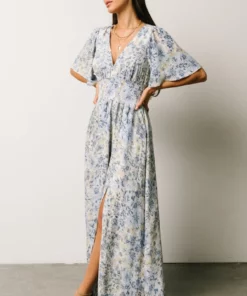 BB Custom Verona Smocked Maxi Dress | White + Blue Print Dresses