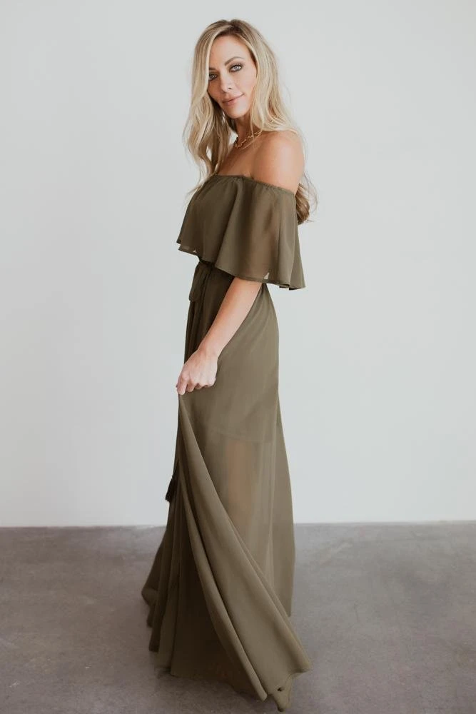 BB Custom Dresses Victoria Off Shoulder Maxi Dress | Olive 4 BB Custom Dresses Victoria Off Shoulder Maxi Dress | Olive