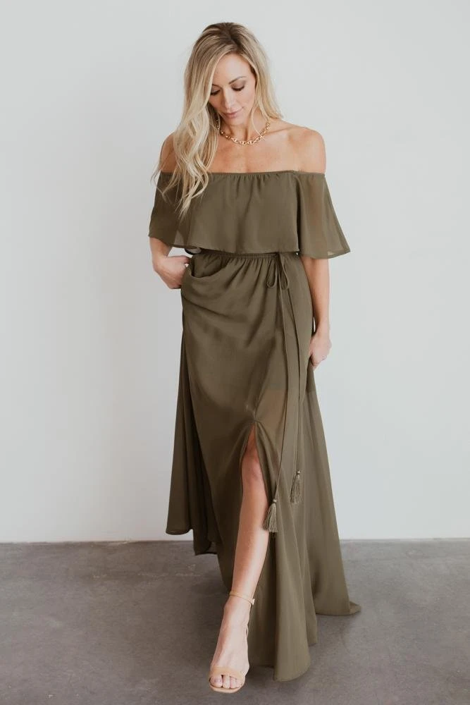 BB Custom Dresses Victoria Off Shoulder Maxi Dress | Olive 3 BB Custom Dresses Victoria Off Shoulder Maxi Dress | Olive