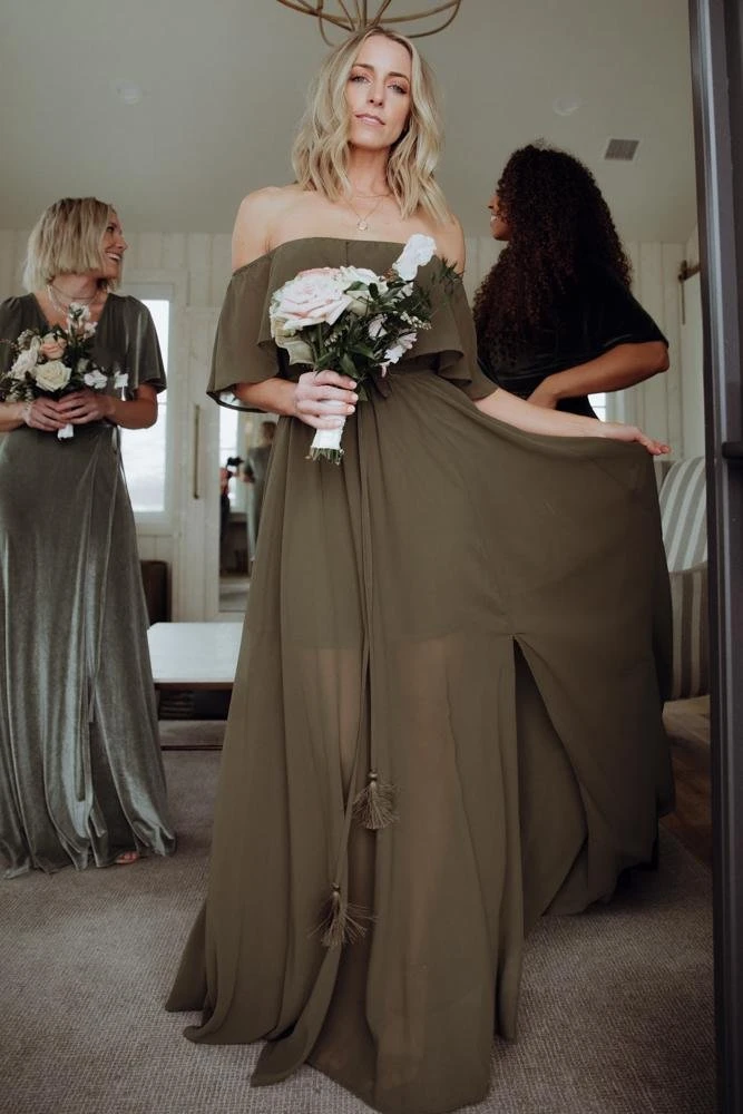 BB Custom Dresses Victoria Off Shoulder Maxi Dress | Olive 1 BB Custom Dresses Victoria Off Shoulder Maxi Dress | Olive
