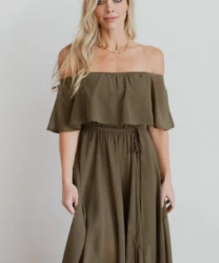 BB Custom Dresses Victoria Off Shoulder Maxi Dress | Olive 15 BB Custom Dresses Victoria Off Shoulder Maxi Dress | Olive