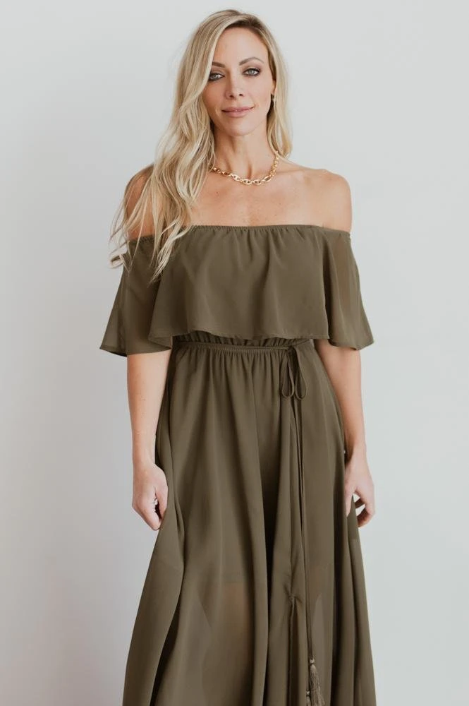BB Custom Dresses Victoria Off Shoulder Maxi Dress | Olive 7 BB Custom Dresses Victoria Off Shoulder Maxi Dress | Olive