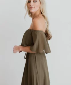 BB Custom Dresses Victoria Off Shoulder Maxi Dress | Olive 16 BB Custom Dresses Victoria Off Shoulder Maxi Dress | Olive