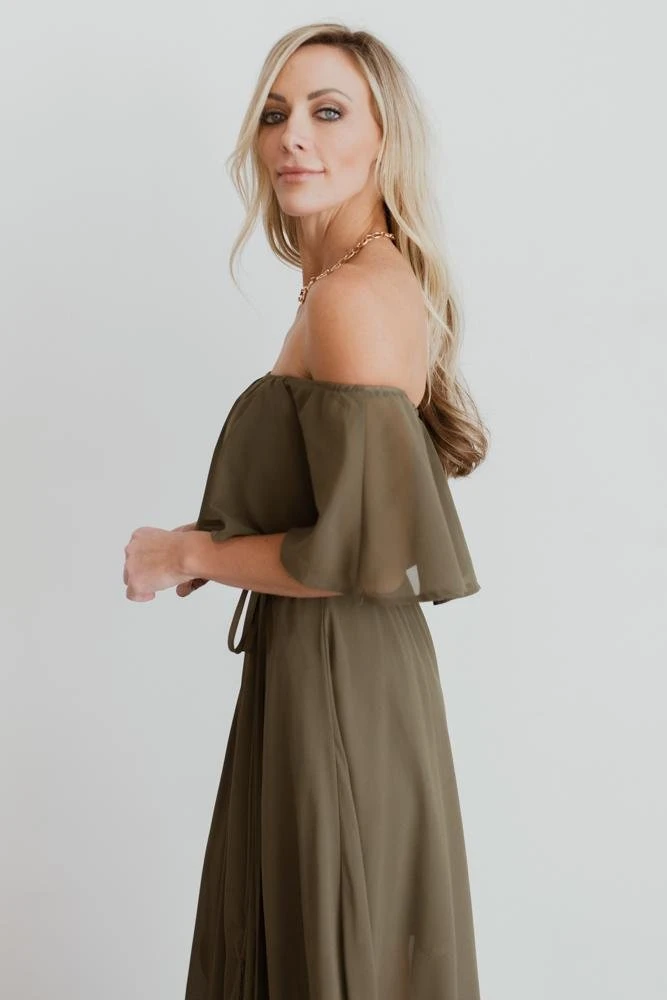 BB Custom Dresses Victoria Off Shoulder Maxi Dress | Olive 8 BB Custom Dresses Victoria Off Shoulder Maxi Dress | Olive