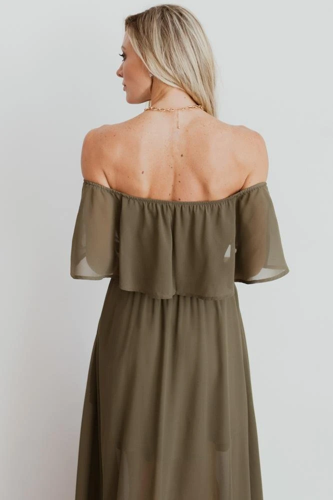 BB Custom Dresses Victoria Off Shoulder Maxi Dress | Olive 9 BB Custom Dresses Victoria Off Shoulder Maxi Dress | Olive