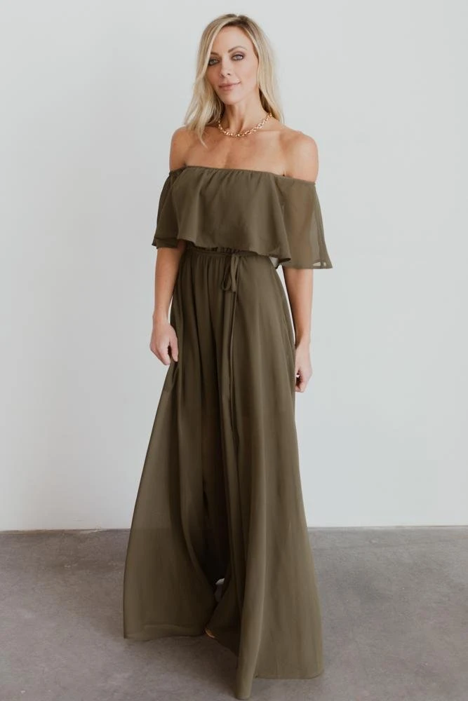 BB Custom Dresses Victoria Off Shoulder Maxi Dress | Olive 2 BB Custom Dresses Victoria Off Shoulder Maxi Dress | Olive
