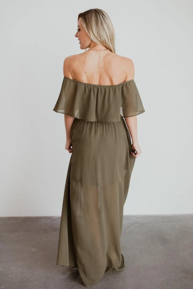 BB Custom Dresses Victoria Off Shoulder Maxi Dress | Olive 6 BB Custom Dresses Victoria Off Shoulder Maxi Dress | Olive