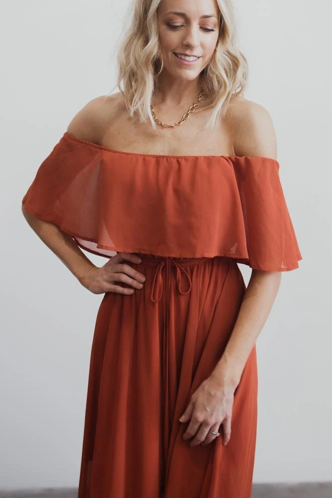 BB Custom Maxi Dresses Victoria Off Shoulder Maxi Dress | Rust 4 BB Custom Maxi Dresses Victoria Off Shoulder Maxi Dress | Rust