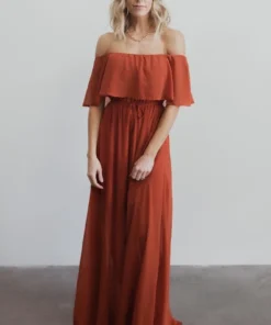BB Custom Maxi Dresses Victoria Off Shoulder Maxi Dress | Rust 16 BB Custom Maxi Dresses Victoria Off Shoulder Maxi Dress | Rust