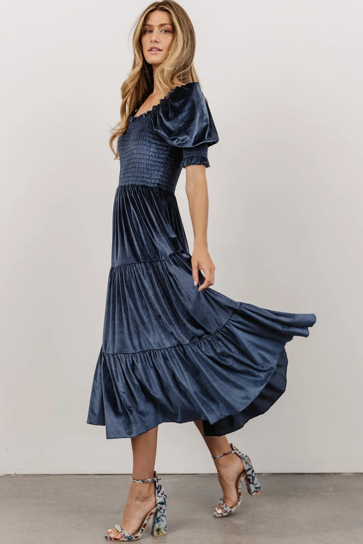 BB Custom Dresses Vivaldi Smocked Velvet Midi Dress | Blue 5 BB Custom Dresses Vivaldi Smocked Velvet Midi Dress | Blue