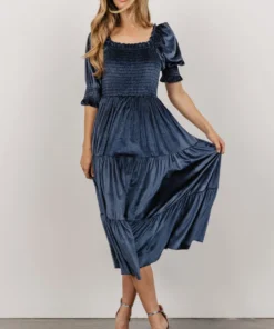 BB Custom Dresses Vivaldi Smocked Velvet Midi Dress | Blue 10 BB Custom Dresses Vivaldi Smocked Velvet Midi Dress | Blue
