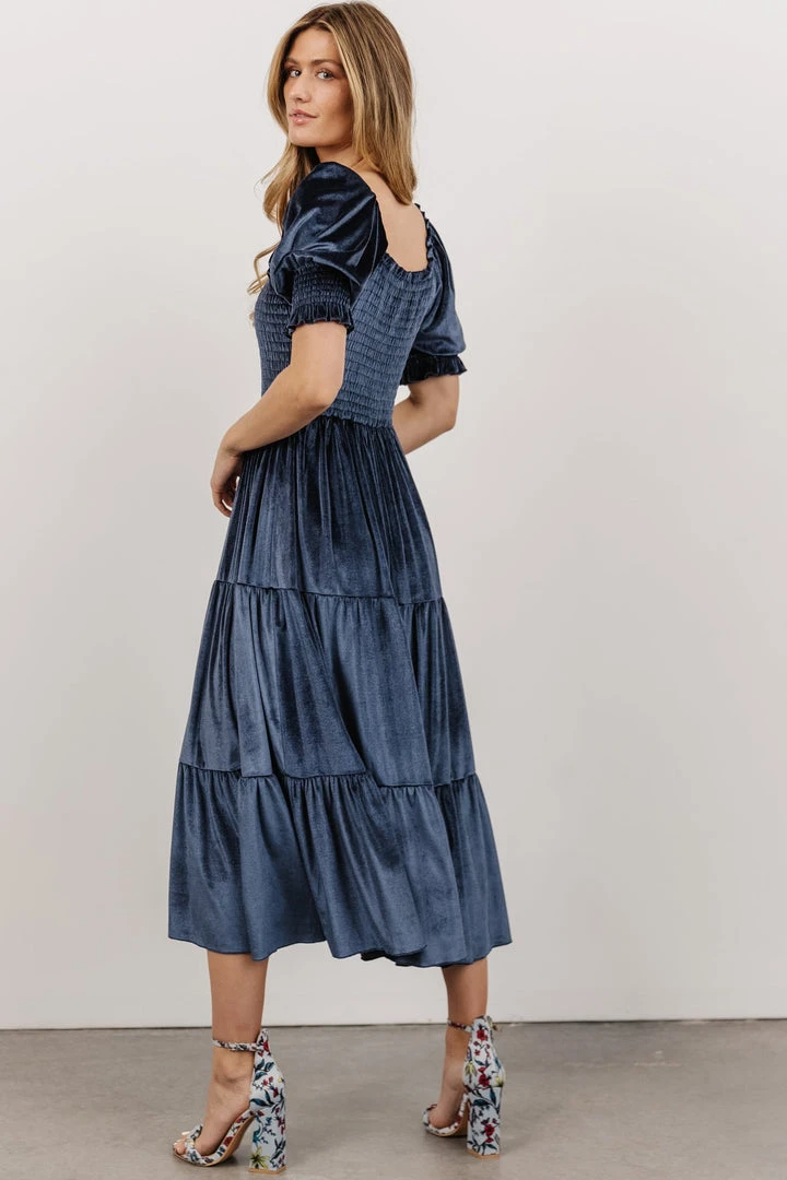 BB Custom Dresses Vivaldi Smocked Velvet Midi Dress | Blue 6 BB Custom Dresses Vivaldi Smocked Velvet Midi Dress | Blue