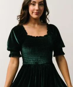 BB Custom Dresses Vivaldi Smocked Velvet Midi Dress | Dark Green
