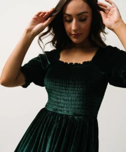 BB Custom Dresses Vivaldi Smocked Velvet Midi Dress | Dark Green