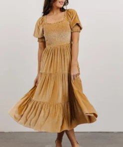 BB Custom Vivaldi Smocked Velvet Midi Dress | French Gold Dresses
