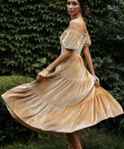 BB Custom Vivaldi Smocked Velvet Midi Dress | French Gold Dresses