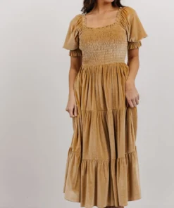 BB Custom Vivaldi Smocked Velvet Midi Dress | French Gold Dresses
