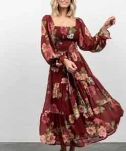 FT Dresses Vyn Tiered Midi Dress | Burgundy Floral