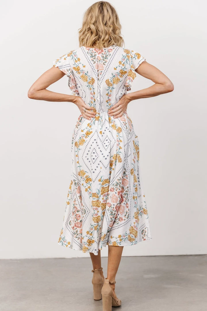 KA Wren Ruffle Sleeve Midi Dress | Ivory Geometric Floral Print Dresses 3 KA Wren Ruffle Sleeve Midi Dress | Ivory Geometric Floral Print Dresses