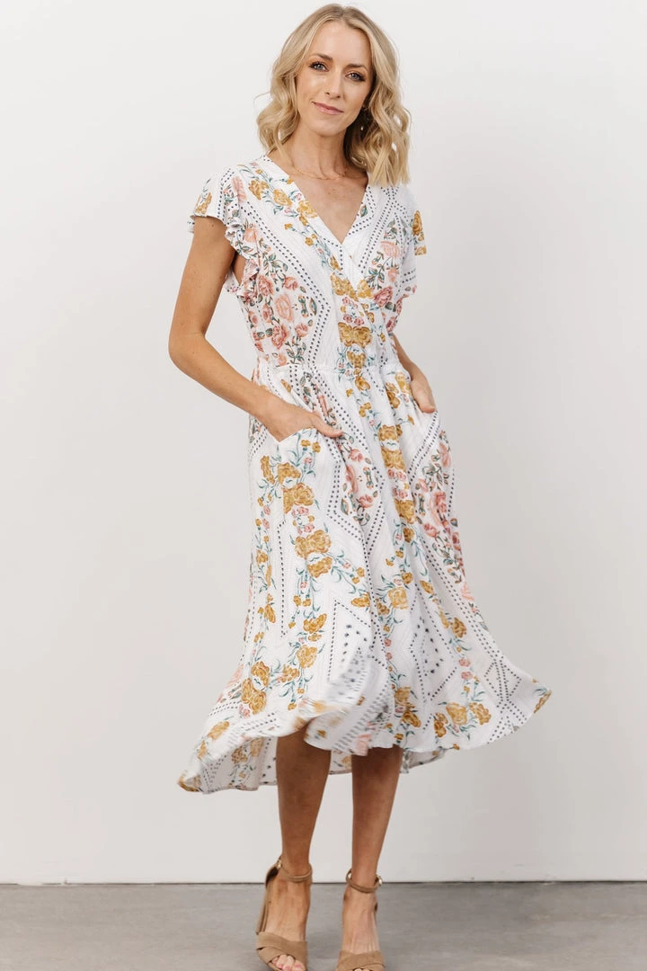 KA Wren Ruffle Sleeve Midi Dress | Ivory Geometric Floral Print Dresses 1 KA Wren Ruffle Sleeve Midi Dress | Ivory Geometric Floral Print Dresses