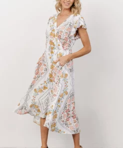 KA Wren Ruffle Sleeve Midi Dress | Ivory Geometric Floral Print Dresses 12 KA Wren Ruffle Sleeve Midi Dress | Ivory Geometric Floral Print Dresses